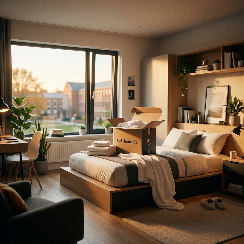 Modern university dorm room with UniHome Kit essentials package